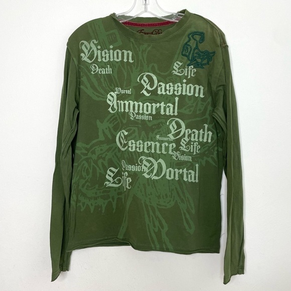 EDWARD DADA Men’s Green Embroidered long Sleeve Graphic Tee T-Shirt Small - Picture 2 of 12